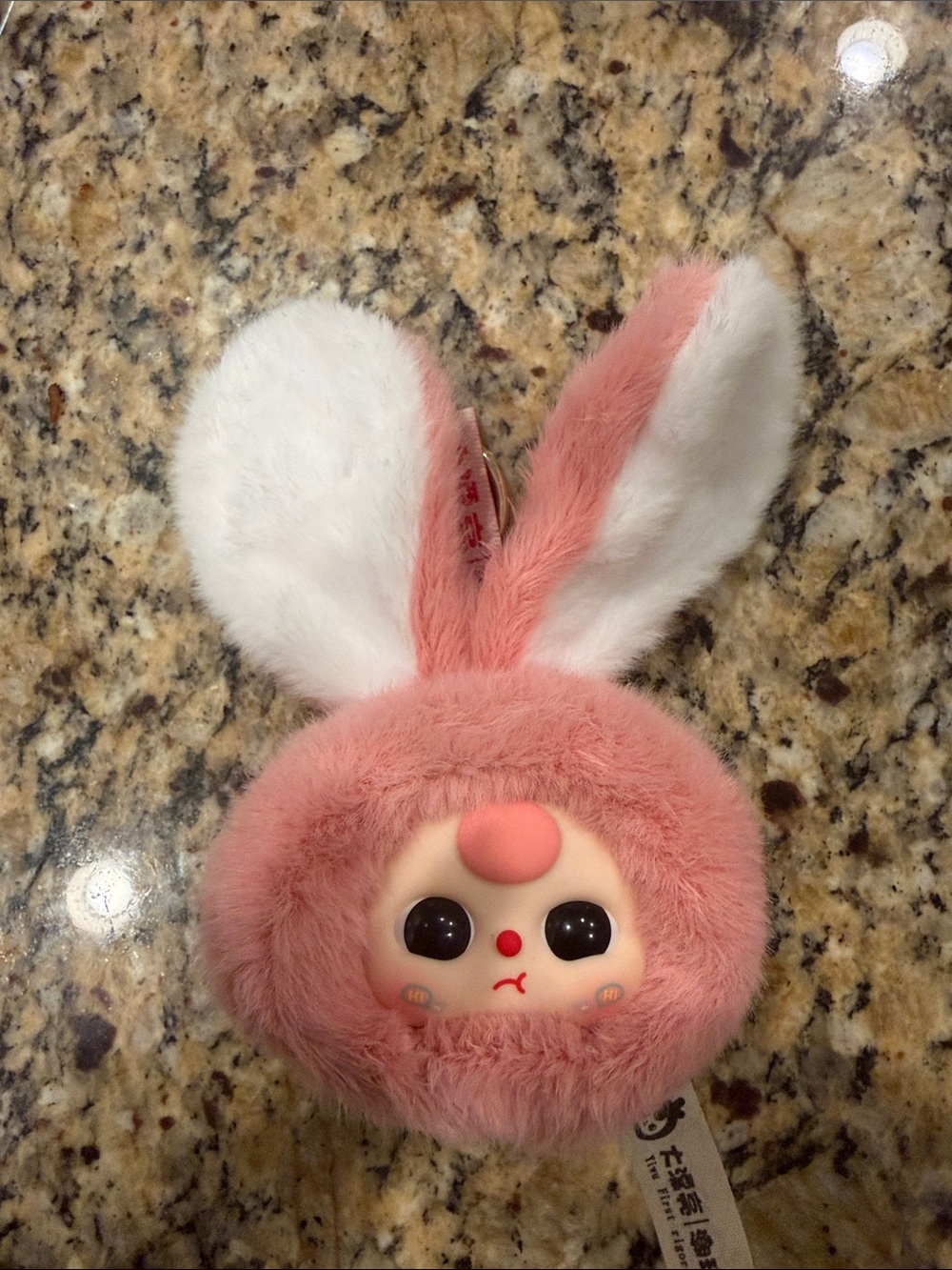 Plush Bunny Face baby three Keychain - Pink Faux Fur